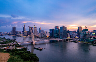 Sunset on Saigon riverside, Ho Chi Minh city Vietnam. Photo taken on June, 2023.