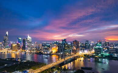 Fototapeta na wymiar Sunset on Saigon riverside, Ho Chi Minh city Vietnam. Photo taken on June, 2023.