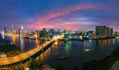 Sunset on Saigon riverside, Ho Chi Minh city Vietnam. Photo taken on June,  2023.