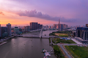 Sunset on Saigon riverside, Ho Chi Minh city Vietnam. Photo taken on June,  2023.