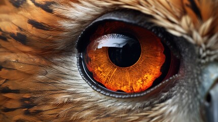 A closeup of an owl's eye and feathers