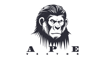 Vector graphic monochrome half-turn portrait of a powerful menacing gorilla. Monkey head. Inscription, ape. Sticker or icon. White isolated background.