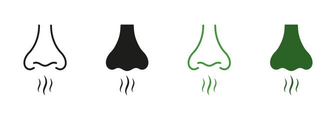Nose Loss Sense of Smell, Breath Air Sign. Bad Aroma Symbol Collection. Nose Human Smells Line and Silhouette Icon Set. Nasal Odor Sniff Black and Color Pictogram. Isolated Vector Illustration