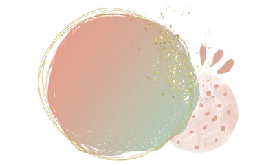 Pastel rose or pink watercolor brush stroke splash with luxury golden frame and glitter gold lines round contour frame for banner or logo wedding elements