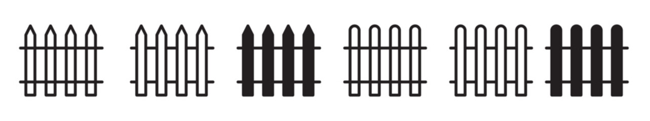 Garden or yard fence icon set. Garden wooden barrier vector symbols in black filled and outline style.