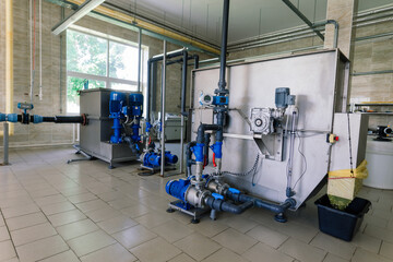 Obraz premium New boiler station, boiler room, engine room. Technical equipment.