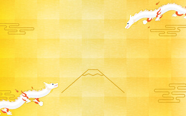 富士山の上を飛ぶ2匹の龍（辰・竜）の和風お正月素材、2024年辰年