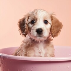 cute puppy dog bathing in pink bathtub at home on pink background. generative ai
