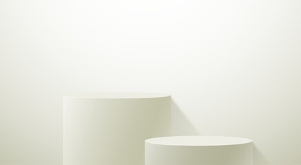 Realistic 3d cylinder pedestal podium on white wall. Pastel minimal scene. Stage for showcase, Product display. Vector rendering geometric forms.