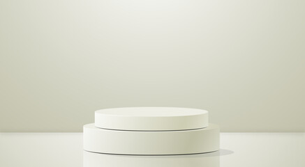 Realistic 3d cylinder pedestal podium on white wall. Pastel minimal scene. Stage for showcase, Product display. Vector rendering geometric forms.
