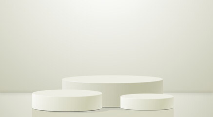 Realistic 3d cylinder pedestal podium on white wall. Pastel minimal scene. Stage for showcase, Product display. Vector rendering geometric forms.