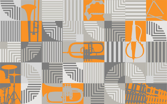 Abstract musical poster. Geometric mosaic pattern. Stripes, curved lines and instrument silohuettes. Modern wall art design. Gray and orange colors. 