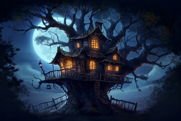 Enchanting Treehouse Full Moon Illuminates a Mysterious Scene. AI