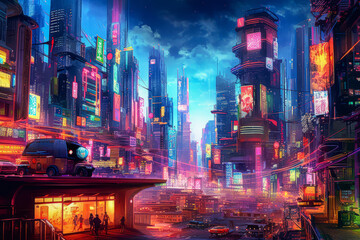 A futuristic cityscape with vibrant, glowing billboards illuminating the skyline, creating a mesmerizing display of lights and colors.