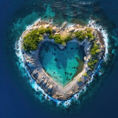 Landscape symbol of romance and love with a heart shaped forest with roks and sea surf seen from the sky - 616360561