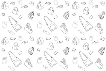 Print with women's handbags and cosmetics on a white background