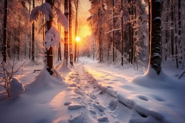Golden Glow Winter Landscape with Setting Sun over Snowy Scenery. AI