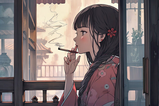 Japanese woman wearing a kimono smoking a cigarette, Generative AI