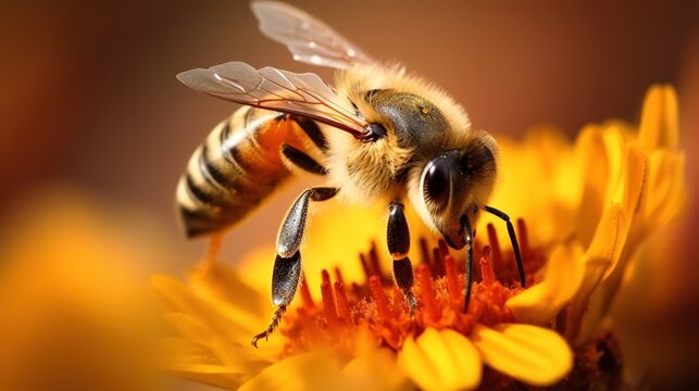 Closeup of a bee pollinating a flower