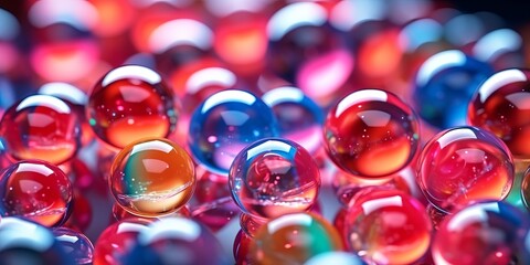 Abstract festive background of round hydrogel. Macro gel balls. Bright multicolored beads of polymer. Generative AI