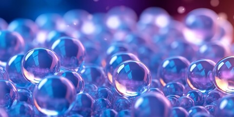 Macro of purple gel balls. Watery polymer hydrogel background. Violet liquid. Generative A