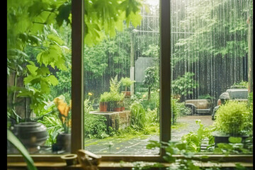 photographic view out of a window into a rainy  garden