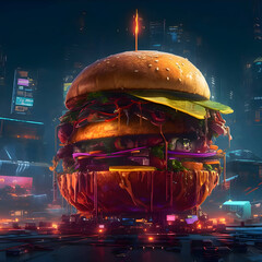 Futuristic illustration - a hamburger in the world of the future.