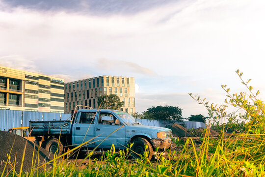 A van on the sidewalk in a lovely afternoon 