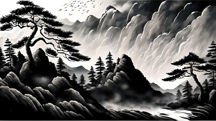 In a Chinese ink painting, a sunlit forest teems with vibrant nature, where trees stand tall, shadows dance, and tranquility whispers through every stroke.