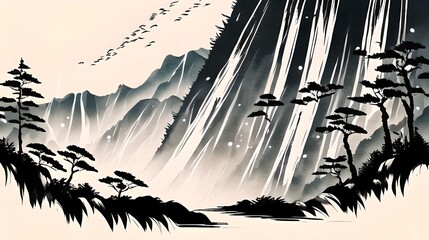 In a Chinese ink painting, a sunlit forest teems with vibrant nature, where trees stand tall, shadows dance, and tranquility whispers through every stroke.