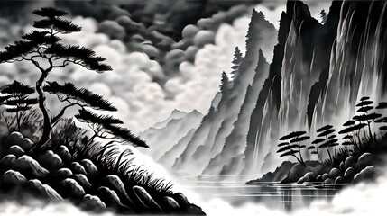 In a Chinese ink painting, a sunlit forest teems with vibrant nature, where trees stand tall, shadows dance, and tranquility whispers through every stroke.