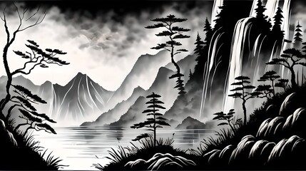 In a Chinese ink painting, a sunlit forest teems with vibrant nature, where trees stand tall, shadows dance, and tranquility whispers through every stroke.