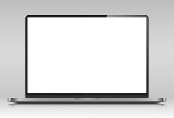 Realistic laptop layout with reflection. A laptop with a silver case and a white screen on a gray gradient background. Vector illustration.