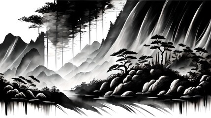 In a Chinese ink painting, a sunlit forest teems with vibrant nature, where trees stand tall, shadows dance, and tranquility whispers through every stroke.