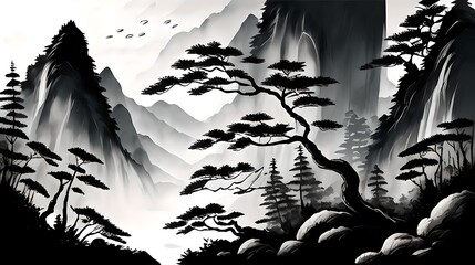 In a Chinese ink painting, a sunlit forest teems with vibrant nature, where trees stand tall, shadows dance, and tranquility whispers through every stroke.