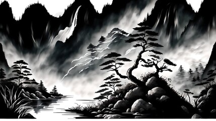 In a Chinese ink painting, a sunlit forest teems with vibrant nature, where trees stand tall, shadows dance, and tranquility whispers through every stroke.