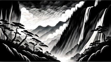 In a Chinese ink painting, a sunlit forest teems with vibrant nature, where trees stand tall, shadows dance, and tranquility whispers through every stroke.
