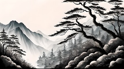 In a Chinese ink painting, a sunlit forest teems with vibrant nature, where trees stand tall, shadows dance, and tranquility whispers through every stroke.