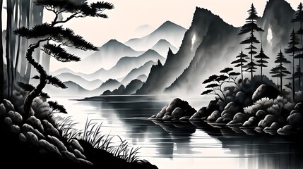 In a Chinese ink painting, a sunlit forest teems with vibrant nature, where trees stand tall, shadows dance, and tranquility whispers through every stroke.