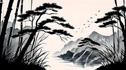 In a Chinese ink painting, a sunlit forest teems with vibrant nature, where trees stand tall, shadows dance, and tranquility whispers through every stroke.