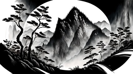 In a Chinese ink painting, a sunlit forest teems with vibrant nature, where trees stand tall, shadows dance, and tranquility whispers through every stroke.