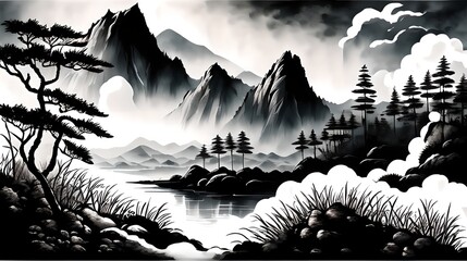 In a Chinese ink painting, a sunlit forest teems with vibrant nature, where trees stand tall, shadows dance, and tranquility whispers through every stroke.