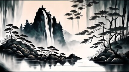 In a Chinese ink painting, a sunlit forest teems with vibrant nature, where trees stand tall, shadows dance, and tranquility whispers through every stroke.