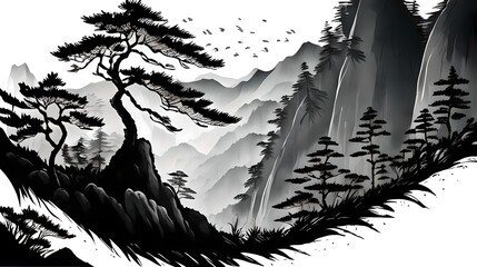 In a Chinese ink painting, a sunlit forest teems with vibrant nature, where trees stand tall, shadows dance, and tranquility whispers through every stroke.