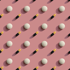 Repeating pattern of white pills and capsules with shadow on a pink background