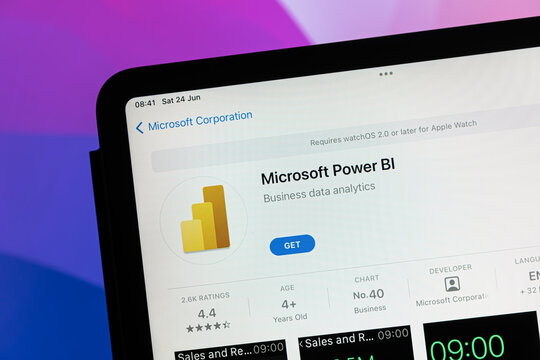 Ostersund, Sweden - June 24 2023: Microsoft Power BI app. Microsoft Power BI is an interactive data visualization software developed by Microsoft.