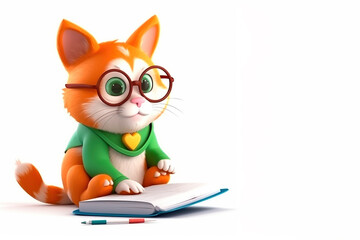 cute red cartoon cat with glasses reading a book on white background. Education concept. Back to school. Learning, study. Place for text, copy space. Smart kitty