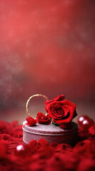 Valentine's Day background with red roses and gift box on bokeh background.