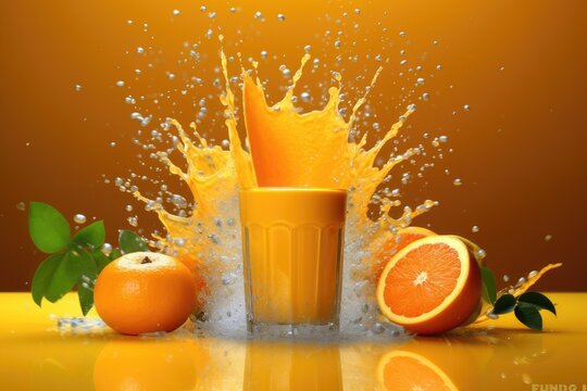 Fresh orange juice splashes out of a glass. Orange juice and a lot of oranges on an orange background. Advertising poster for orange juice. Generative AI
