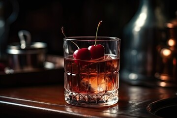 Alcoholic cocktail with cherries. Drink on the bar. Generative AI